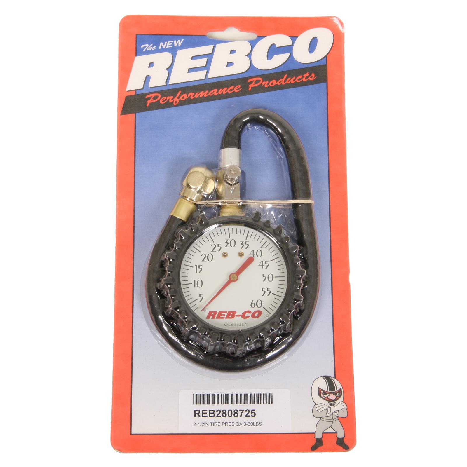 Rebco Tire Gauge Analog 060 psi. 2 1/2" Diameter White Face 14" Hose