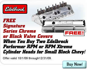 FREE Chrome or Black Valve Covers When You Buy Two Edelbrock Performer RPM or RPM Xtreme Cylinder Heads for Small Block Chevy