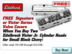 FREE Signature or Victor Series Valve Covers When You Buy Two Edelbrock Victor Jr. Cylinder Heads for Small Block Chevy