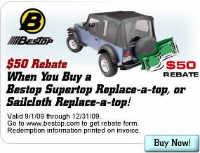 $50 Rebate When You Buy a Bestop Supertop Replace-a-top, or Sailcloth Replace-a-top