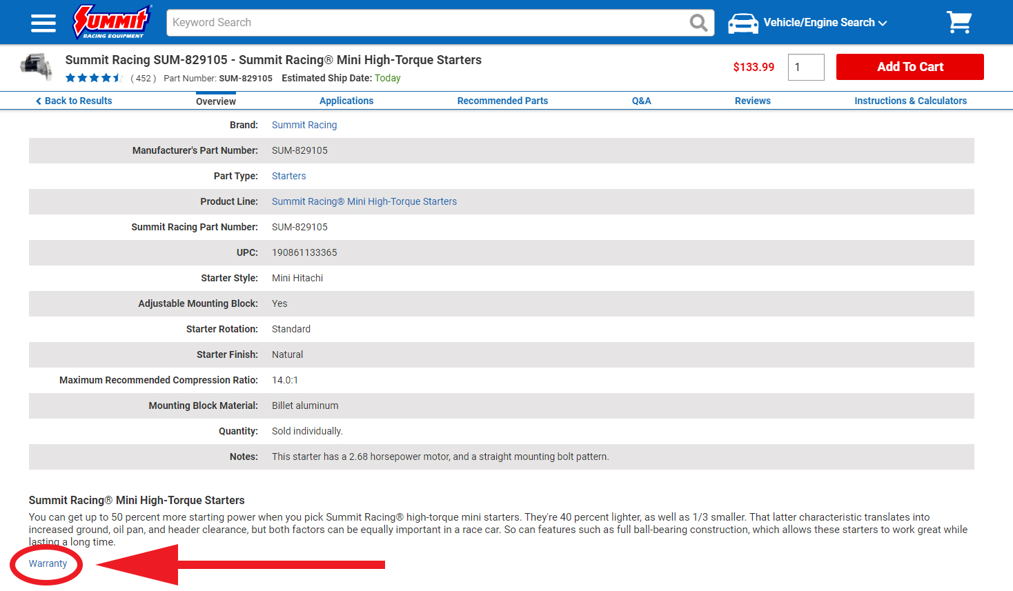 Warranty link on Part Detail Page