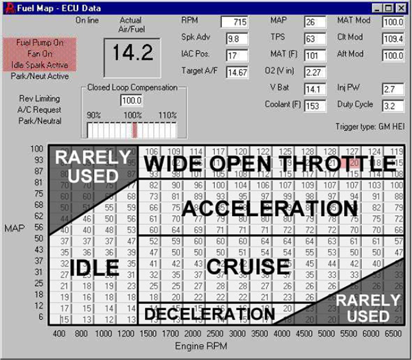 Screenshot of a computer screen showing the sensor fields and fuel map table.