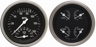 Classic Instruments Traditional Series Gauge Sets TR32SLC Gauges, Traditional, Speedometer, Tach, Water Temperature, Fuel Level, 3 3/8 in., Black Face, Analog, Set