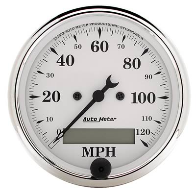 AutoMeter Gauge Speedo. 3-1/8in. 120MPH Elec. Prog. W/ Lcd Odo Old Tyme White