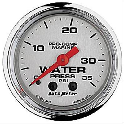 AutoMeter Pro-Comp Marine Analog Gauges 200772-35 Gauge, Marine, Water Presure, 2 1/16 in., 0-35 psi, Full Sweep, Silver Face, Red Pointer, Chrome Bezel, Mechanical, Each