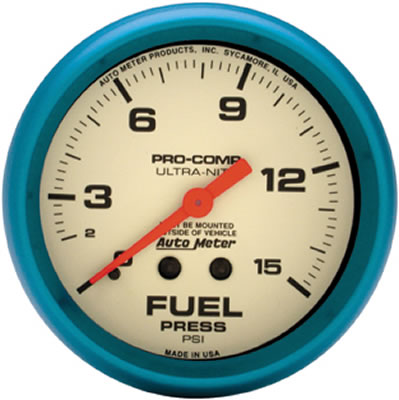 AutoMeter Gauge Fuel Press 2-5/8in. 15PSI Mech. Glow In The Dark Ultra-Nite thumbnail 4