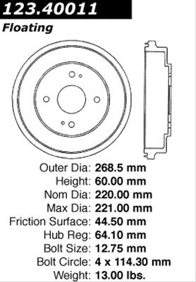 Centric Brake Drum Centric 123.40011 C-Tek Standard Brake Drum - Replacement Brake Drum For Vehicles Vehicle Brake Components