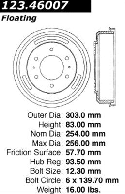 Centric Parts 123.46007 Brake Drum - C-TEK Standard Rear Brake Drum Replacement