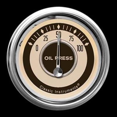 Classic Instruments Nostalgia VT Series Gauges NT81SLC Gauges, Series, Oil Pressure, 0-100 psi, Analog, Electrical, 2 1/8 in., Beige Face, Black Numbers, Stainless Steel Color Bezel, Each