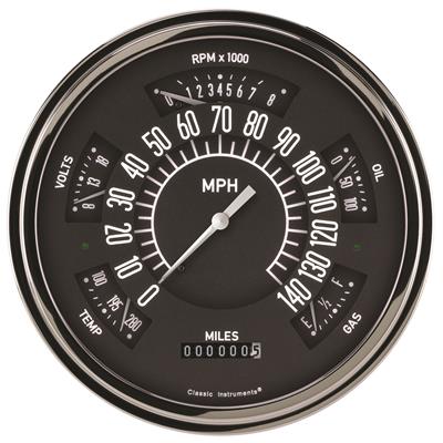 Classic Instruments Six Pack Gauge Sets SX01BSLF Kits, Pack, Analog, Speedometer, Tach, Fuel Level, Oil Pressure, Volts, Water Temp., 6 1/4 in., Black Face, White Numbers, Flat Glass, Each