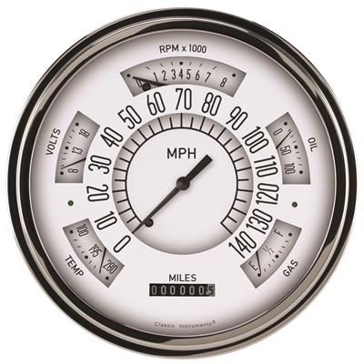 Classic Instruments Six Pack Gauge Sets SX01WSLF Kits, Pack, Analog, Speedometer, Tach, Fuel Level, Oil Pressure, Volts, Water Temp., 6 1/4 in., White Face, Black Numbers, Flat Glass, Each
