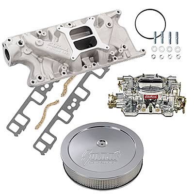 Carb/Fuel Line/Intake Bolts/Gaskets Satin Finish Single-Quad Manifold And Carb Kit Edelbrock 2021 Single-Quad Manifold And Carb Kit For Performer EPS Manifold w/Performer Series 600cfm Carb Incl 