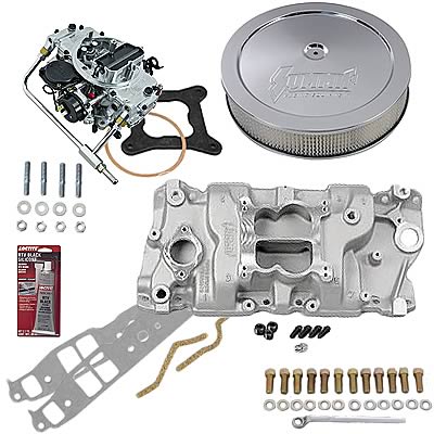 Carb/Fuel Line/Intake Bolts/Gaskets Satin Finish Single-Quad Manifold And Carb Kit Edelbrock 2021 Single-Quad Manifold And Carb Kit For Performer EPS Manifold w/Performer Series 600cfm Carb Incl 
