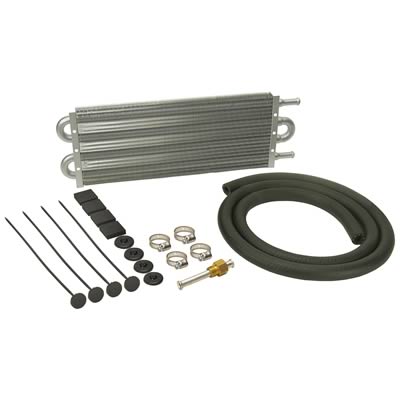 Derale Dyno-Cool Transmission Coolers 12902 Cooler, Dyno-Cool, Tube and Fin, 4 Rows, Aluminum, 11/32 in. Hose Barb, Rubber Hose, Clamps, Kit