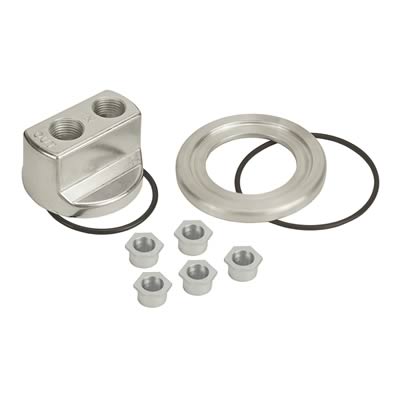 Derale Oil Filter Adapters 15747 Adapter, Spin-on Bypass Adapter Style, Aluminum, Polished, Fittings, 1/2 in. NPT Inlet/Outlet, Kit