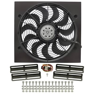 17 Inch 2,400 CFM Derale High-Output Single RAD Fan and Shroud Kit 16919 Fan, Electric, Puller, Black Plastic Blades, Black Powdercoated Steel Shroud, cfm, Brackets,