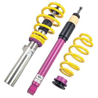 KW Variant 1 Coilover Kits 10280085 Kits, 1, 1.4 - 2.5 in. Lowered Front and Rear, Natural/Purple Shocks, Yellow Powdercoated Springs, Volkswagen, Kit