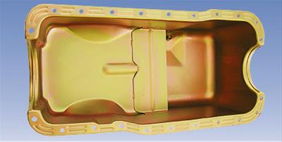 Milodon Stock Replacement Oil Pans 30730 Pan, Steel, Gold Iridite, 5 qt., Ford, 351W, Pre-1973 Front Sump Chassis, Int Control Baffles, Each thumbnail 4