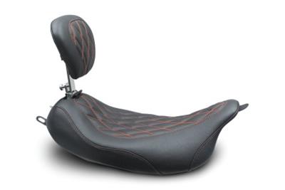 Mustang Motorcycle Products Wide Tripper Solo Double Diamond Stitched Seats 79727AB 08-21 Harley FL Touring Pass Seat w/ Dr Backrest, Red Stitch - Black