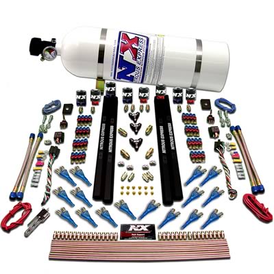 Nitrous Express Shark Dual Stage/Gas 16 Nozzles 8 Solenoids Nitrous Kit (200-1200HP) w/Comp Bottle