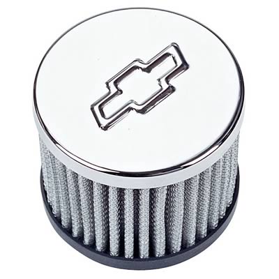 Proform Air Breather Caps for Chevrolet 141-622 Valve Cover Breather, Push-In, Round, Steel, Chrome, Bowtie Emblem, Each thumbnail 2