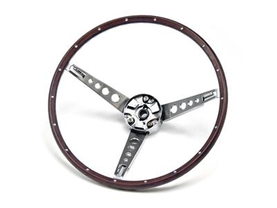 Scott Drake Replacement Steering Wheels C7OZ-3600-NK Wheel, Replacement, 3-Spoke, Brown Wood Grip, Polished Steel Spokes, Ford, 3-Bolt Mount, Each