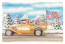 Santa's Patriotic Gold Pickup Truck Christmas Cards CC11229