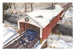 Street Rod Crossing Covered Bridge Christmas Cards CC11250