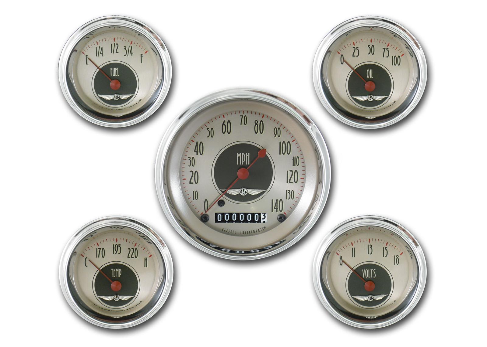 Classic Instruments All-American Nickel Series Gauge Sets AN00SHC Kit, Analog, Nickel, Speedometer, Water Temperature, Fuel Level, Voltmeter, Oil Pressure thumbnail 2