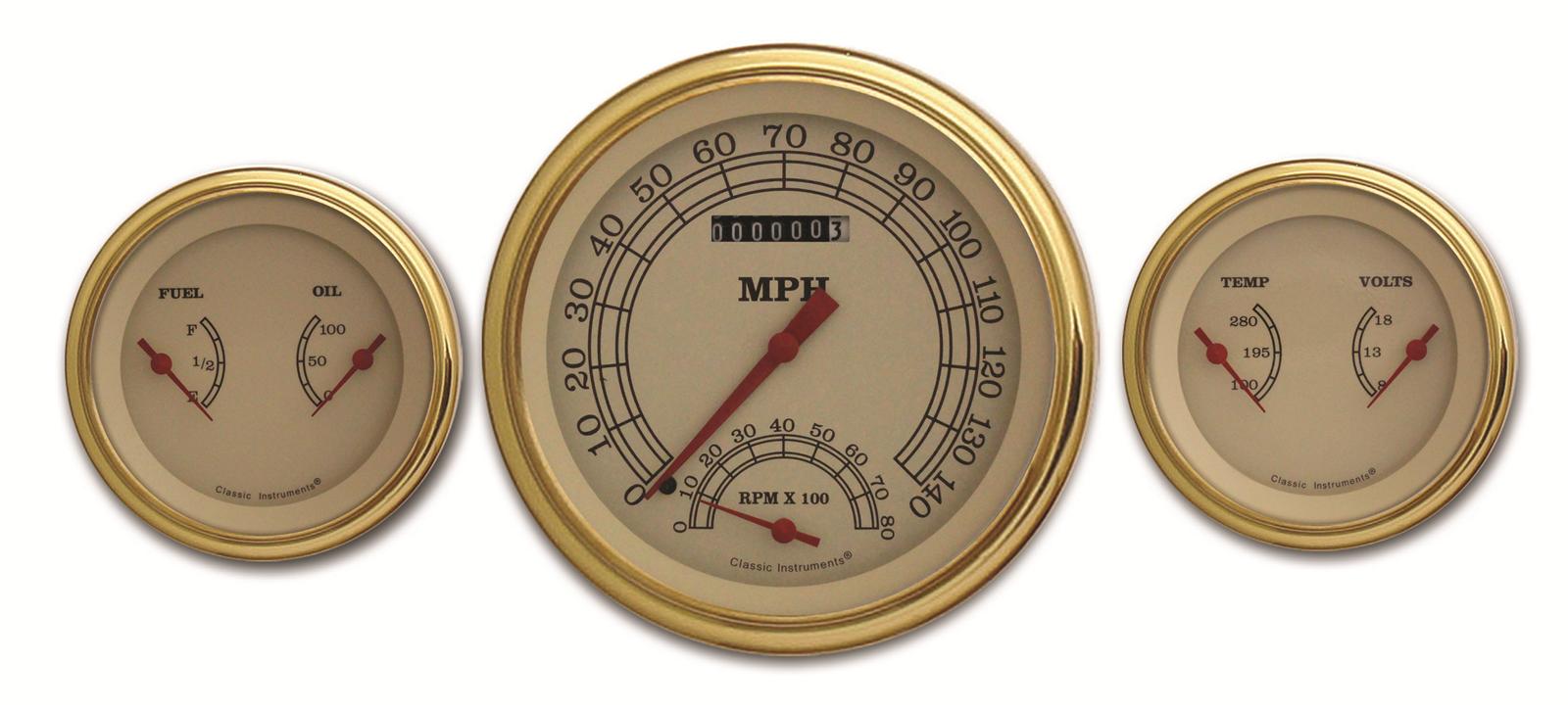 Classic Instruments Vintage Series Gauge Sets VT64SLF Gauges, Vintage, Speedometer, Water Temperature, Oil Pressure, Fuel Level, Voltmeter, Cream Face, Analog, Set thumbnail 2