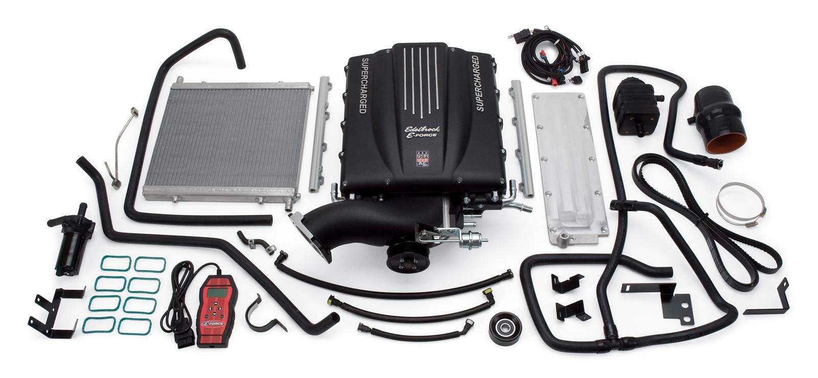 Edelbrock E-Force GM Truck and SUV Stage 1 Street Legal Supercharger Kits for 2007-2013 SIERRA 1500, 2009-2013 SILVERADO 1500 - 1579 System, E-Force, Serpentine, Black Powdercoated, Intercooler, Chevy, GMC, 6.2L, Kit