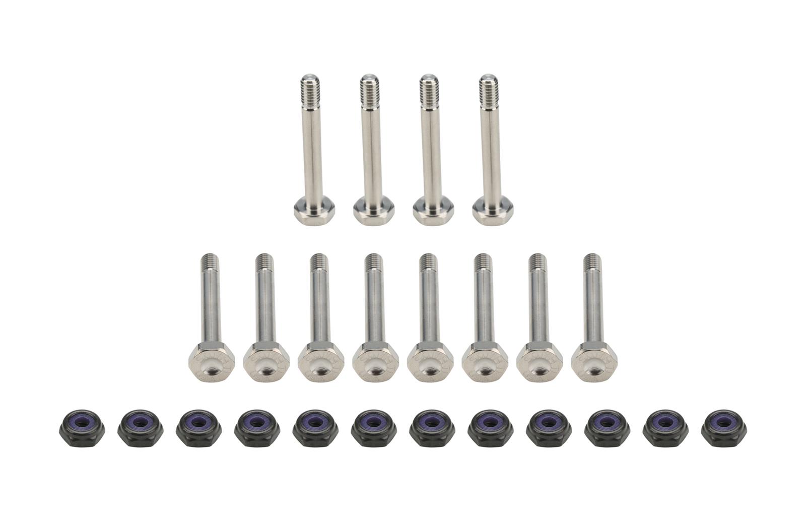 Allstar Performance Fastener Hardware Assortments ALL17016 kit includes (12) 3/16 in x 1-1/2 in titanium bolts and (12) black half nuts.