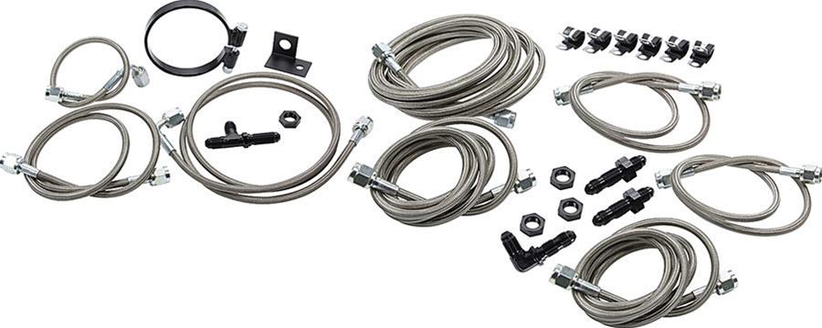 Allstar Performance Brake Hoses, Sets ALL42053 Kit allows braided lines to be run throughout a dirt race car. Includes all lines needed to reach from the cal