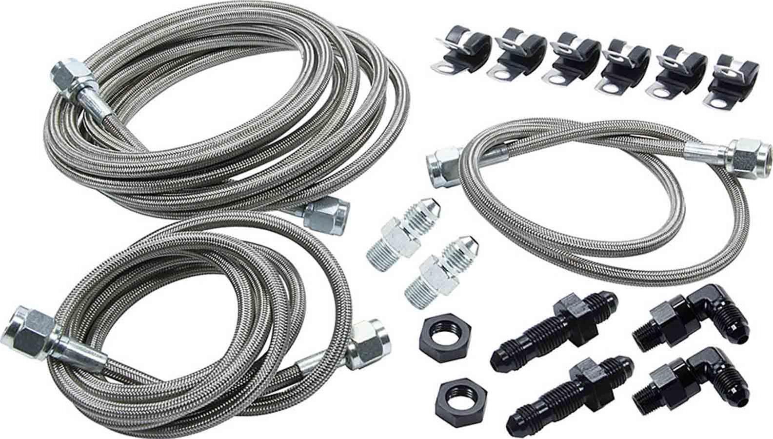 Allstar Performance Brake Line Hose Kits ALL42062 Hoses, Dirt Track Car, Late Model, Front Lines, Stainless/Rubber Lines, with Black Anodized Fittings, Clamps, Brackets, Kit