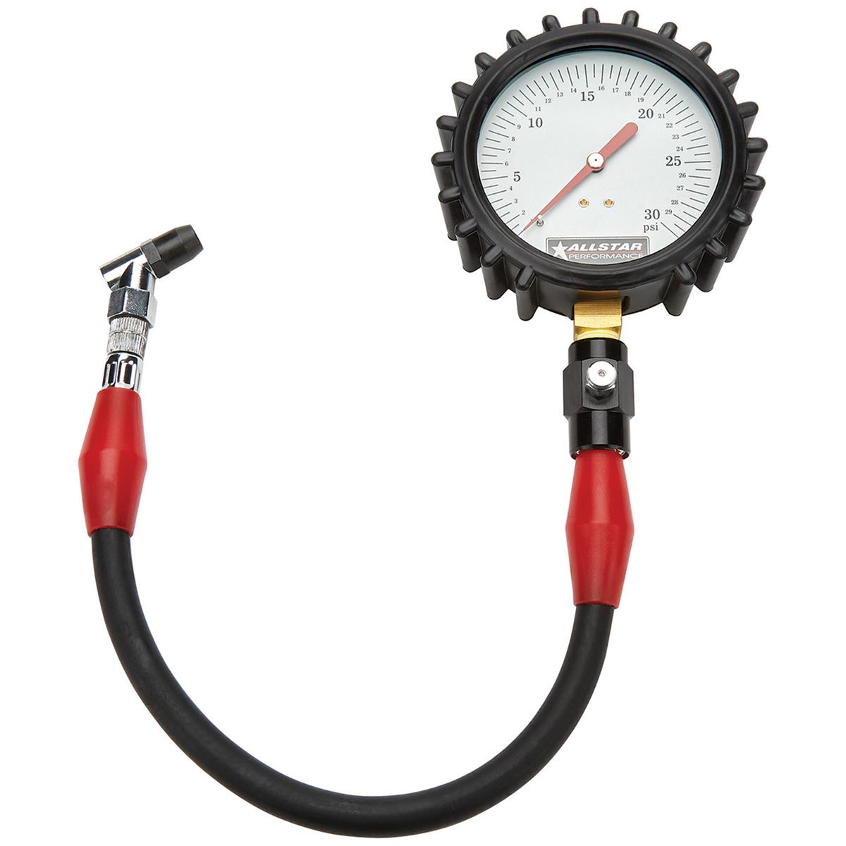 Allstar Performance Tire Gauges ALL44047 Pressure and Inflators, Analog, 0-30 psi, 4.0 in, Gauge, White Face, Glows-in-the-Dark, 14.0 in. Hose, Swivel Chuck, Bleed Valve, Each