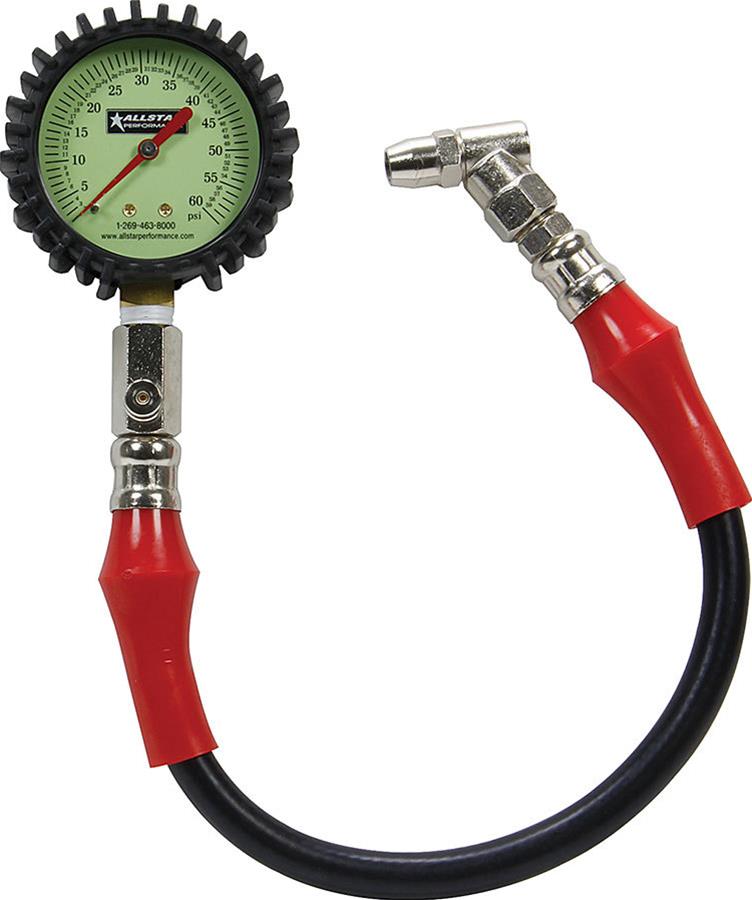 Allstar Performance Tire Gauges ALL44058 Pressure Gauge, Analog, 0-60 psi., 2.25 in. Swivel Head, 14.00 in. Hose Length, Green Glow-in-the-Dark Face, Pressure Relief Valve, Each