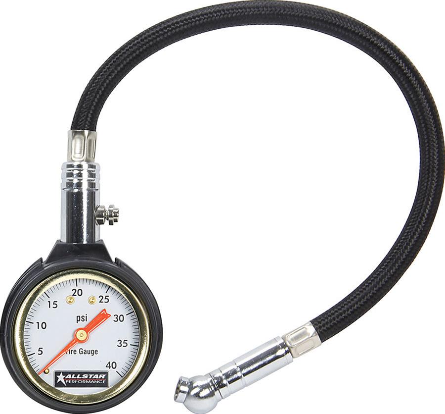 Allstar Performance Tire Gauges ALL44077 Pressure Gauge, Analog, 2 in. Diameter, 0-40 psi, 12 in. Hose, Bleed Valve, Each