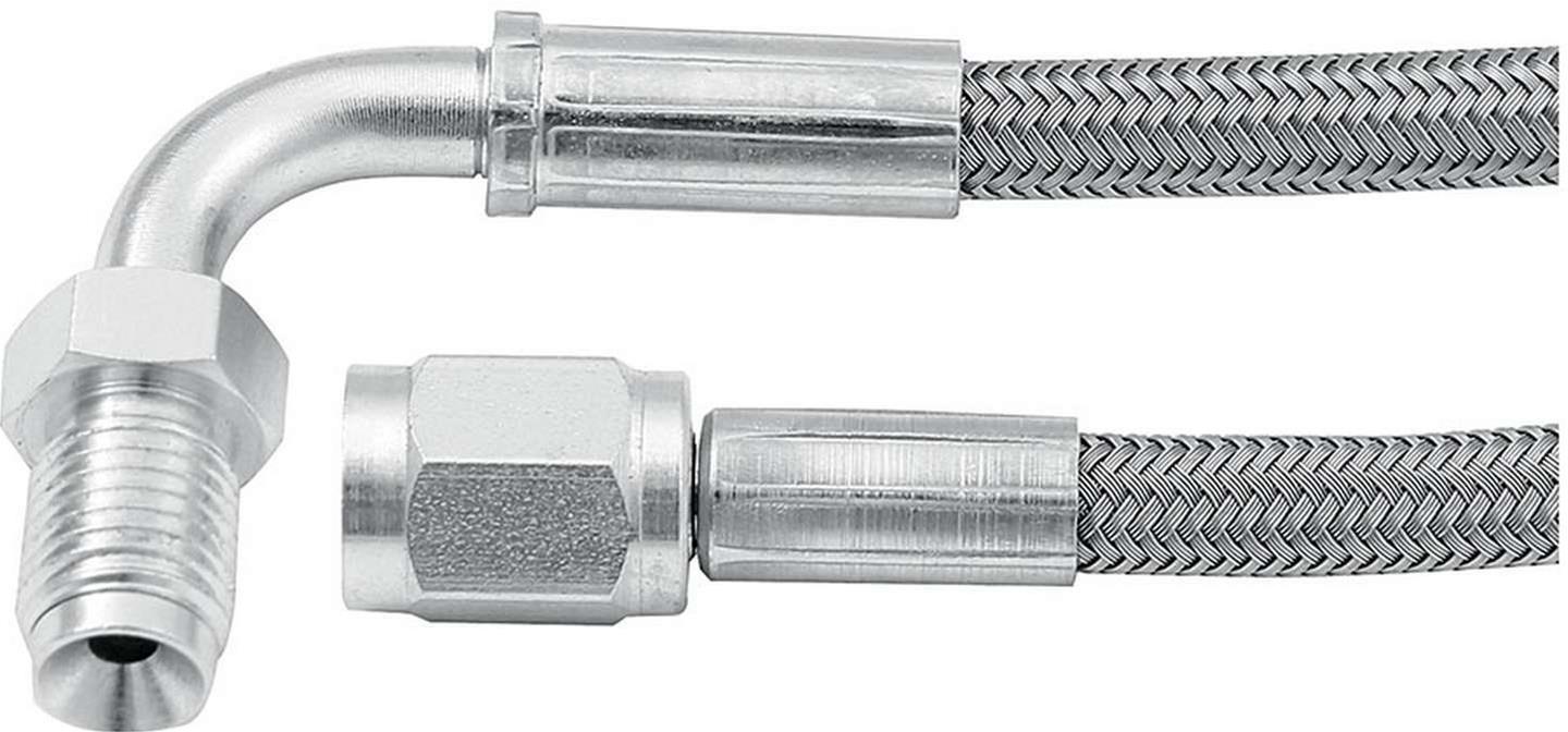 Allstar Performance Braided Steel Lines ALL46332-24 Brake Line, -3AN, Stainless Steel, 24.00 in. Length, Straight -3 AN Female, 90 Degree 3/8 in. Inverted Flare Male, Each