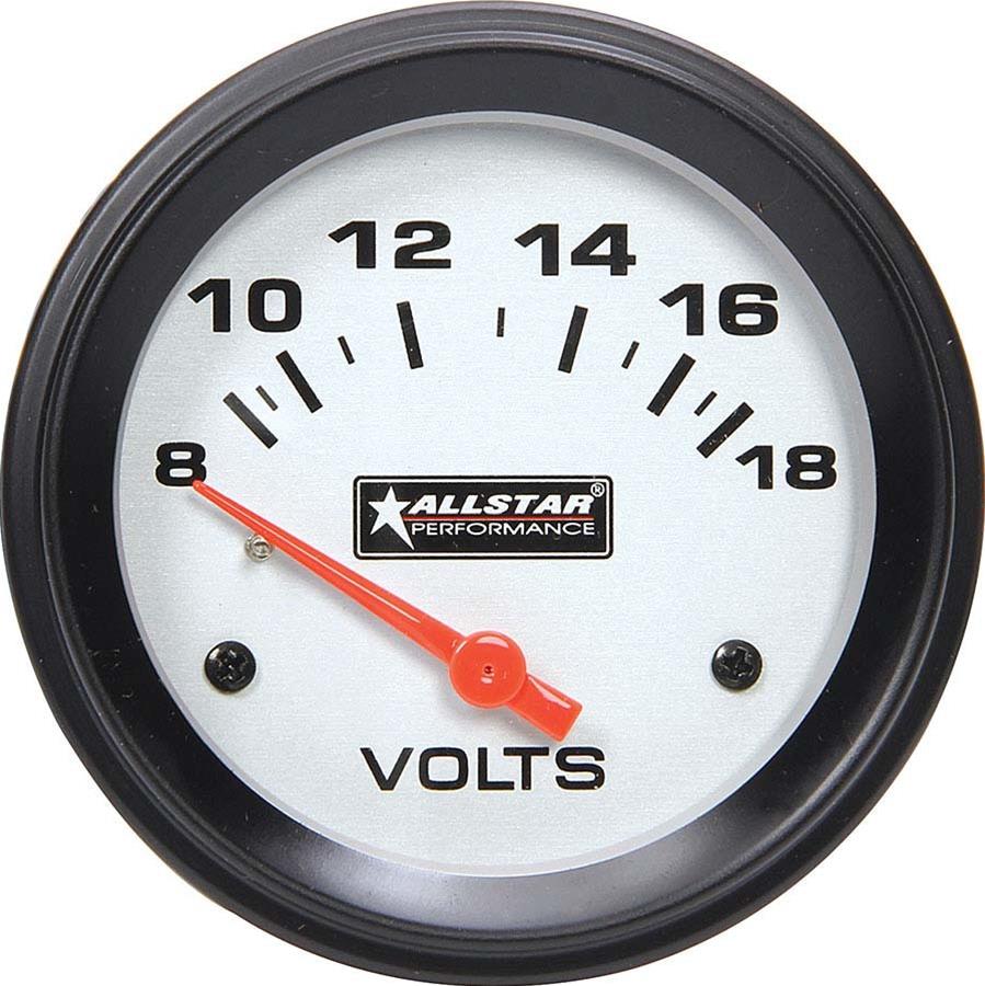 Allstar Performance Gauges ALL80099 Gauge, Allstar, Voltmeter, 8-18 V, 2 5/8 in. Diameter, Analog, Full Sweep, Illuminated, Electrical, White Face, Black Bezel, Each
