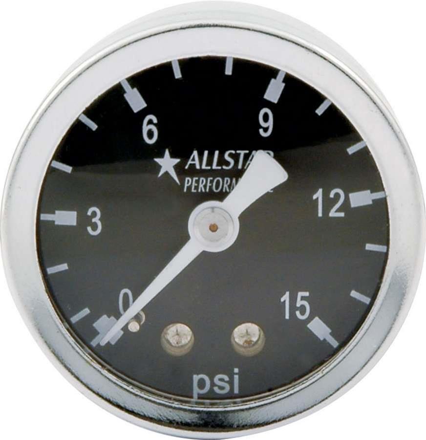 Allstar Performance Shockproof Pressure Gauges ALL80200 Gauge, Shockproof, Fuel Pressure, 0-15 psi, 1 1/2 in. Diameter, Analog, Full Sweep, Liquid-filled, Mechanical, Black Face, Stainless Steel Bezel, Each