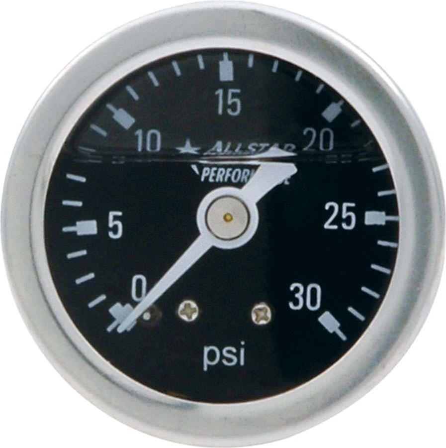 Allstar Performance Gauges ALL80202 Gauges, Fuel Pressure, Analog, Round, 0-30 psi, Black Face, White Numbers and Pointer, Polished Bezel, Liquid-filled, 1 1/2 in. Diameter, Each