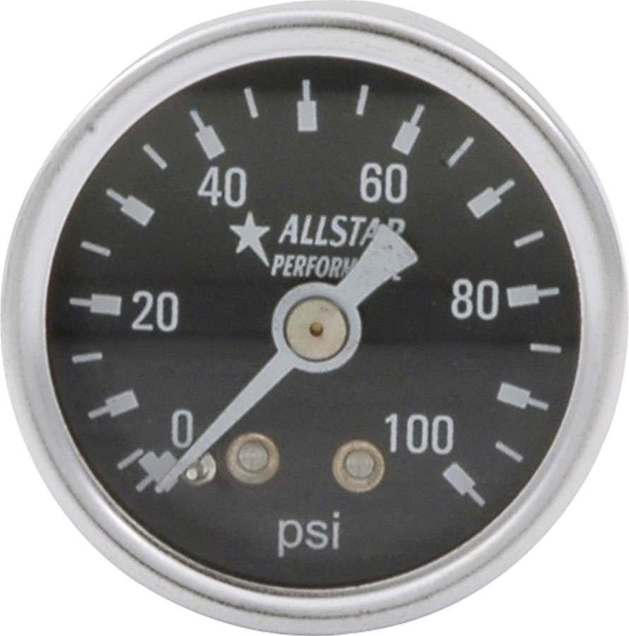 Allstar Performance Gauges ALL80216 Gauges, Fuel Pressure, Analog, Round, 0-100 psi, Black Face, White Numbers and Pointer, Polished Bezel, Mechanical, 1 1/2 in. Diameter, Each