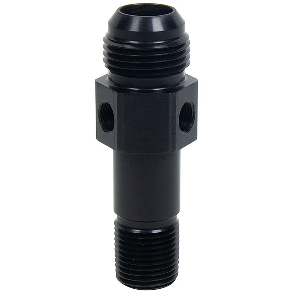 Allstar Performance Ported Oil Inlet Fittings ALL90045 Fitting, Adapter, AN to NPT, Straight, Aluminum, Black Anodized, -12 AN, 1/2 in. NPT, 1/8 in. NPT Gauge Port, Each
