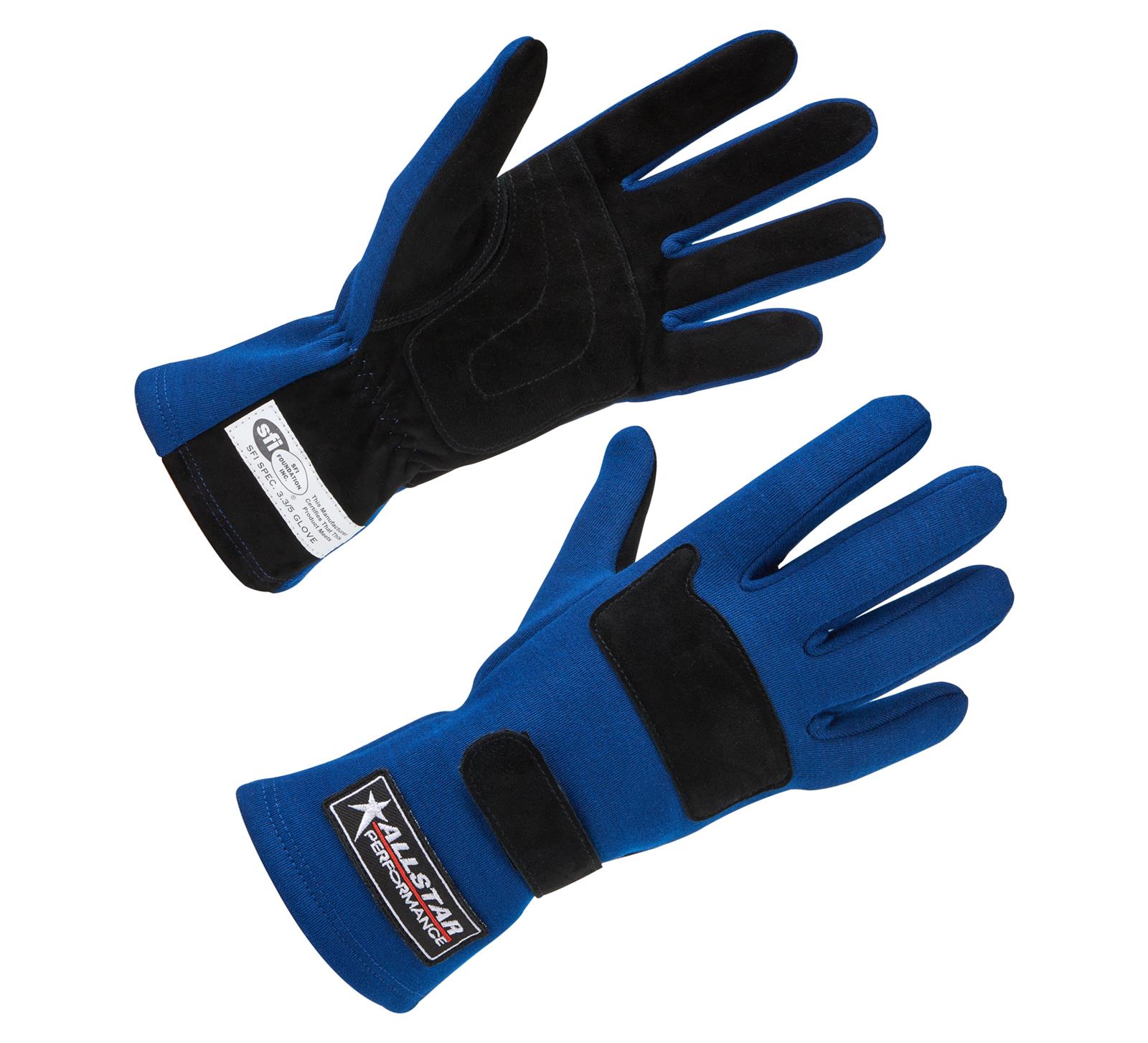 Allstar Performance Double-Layer SFI 3.3/5 Driving Gloves ALL915024 Gloves, Double Layer, SFI-3.3/5, Aramid, Blue/Black, Large. Pair