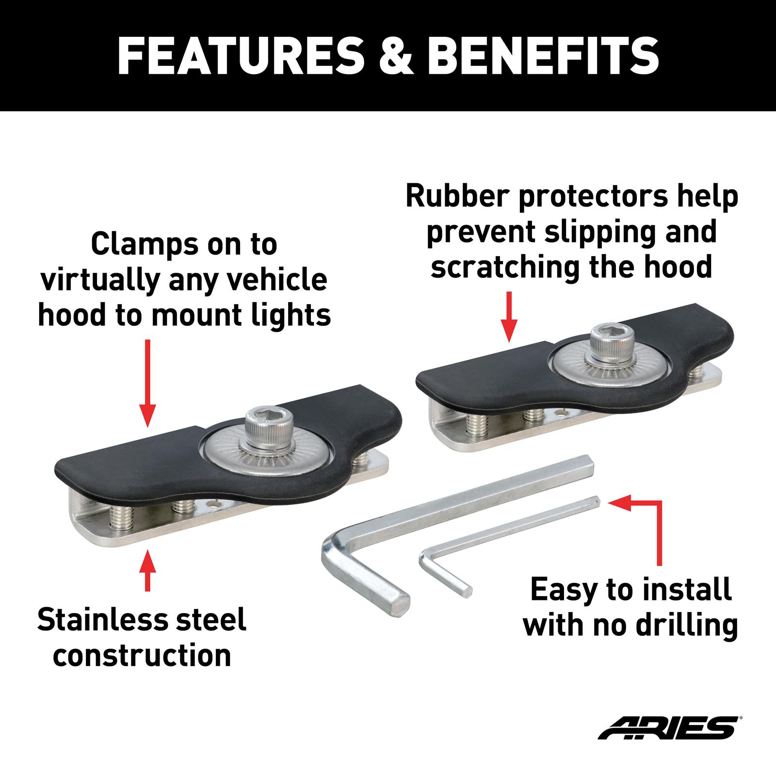 Aries Automotive Universal Clamp-On Hood LED Light Brackets 1110315 Auxillary Mount Brackets, For Led Lights, Stainless, Pair thumbnail 6
