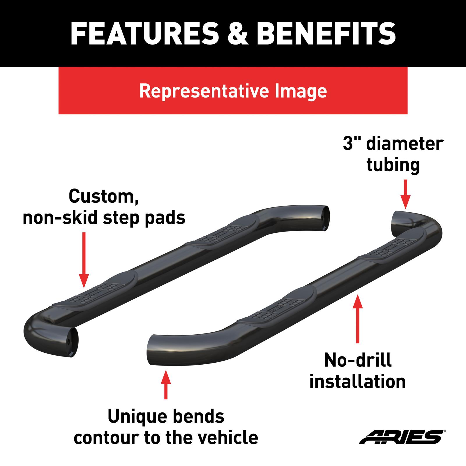 Aries Automotive 3 in. Round Side Bars for 2019-2025 RANGER - 203046 Step Bars, Diameter, Steel, Black Powdercoated, Ford, Pair thumbnail 3