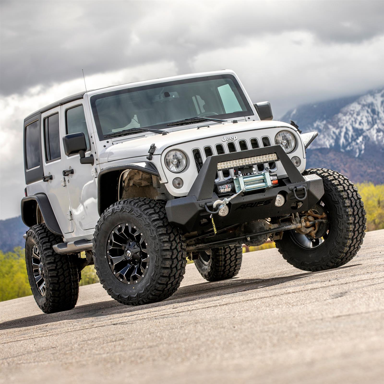 Aries Automotive TrailChaser Front Bumper with Corner and Brush Guards for 2007-2017 WRANGLER, 2018 WRANGLER JK - 2082055 Bumpers, Fabricated, Aluminum, Black Powdercoated, Textured, Front, Center Section, Guards, Guard, Jeep, Kit thumbnail 2