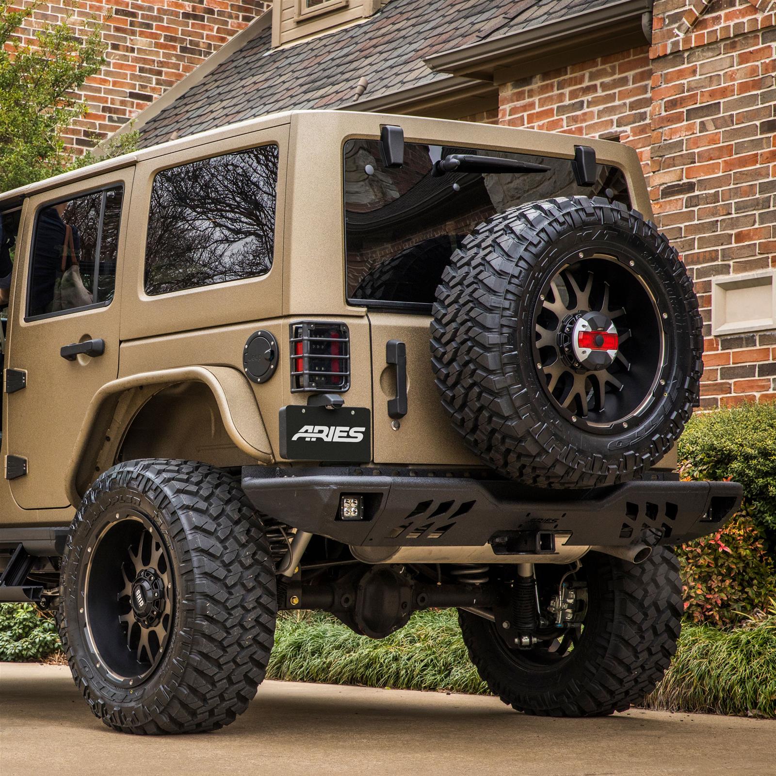 Aries Automotive TrailChaser Rear Bumper with Corner Guards and LEDs for 2007-2017 WRANGLER, 2018 WRANGLER JK - 2082061 Bumpers, Fabricated, Aluminum, Black Powdercoated, Textured, Rear, Center Section, Guards, Jeep, Kit