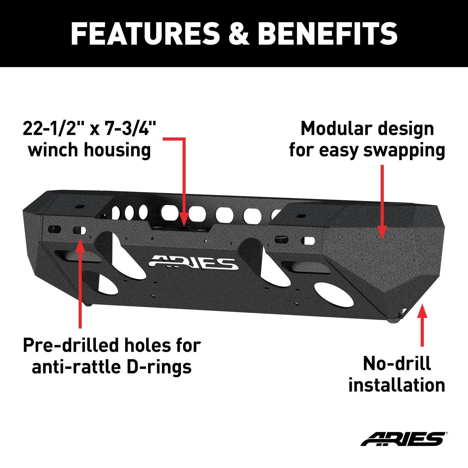Aries Automotive TrailChaser Front Bumper with Corner Guards for 2020-2024 GLADIATOR, 2018-2024 WRANGLER - 2082074 Bumpers, Fabricated, Aluminum, Black Powdercoated, Textured, Front, Center Section, Guards, Jeep, Kit thumbnail 3