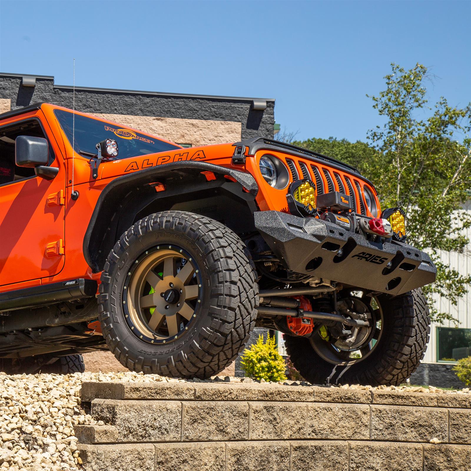 Aries Automotive TrailChaser Front Bumper with Corner Guards for 2020-2024 GLADIATOR, 2018-2024 WRANGLER - 2082076 Bumpers, Fabricated, Aluminum, Black Powdercoated, Textured, Front, Center Section, Guards, Jeep, Kit
